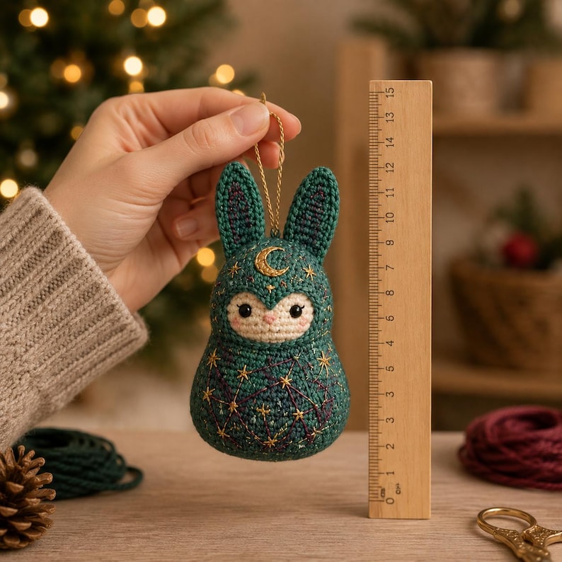 May include: A teal crochet rabbit ornament featuring a gold embroidered crescent moon on the forehead and gold star patterns on the body. A wooden ruler placed next to the ornament indicates a height of approximately 6 inches.