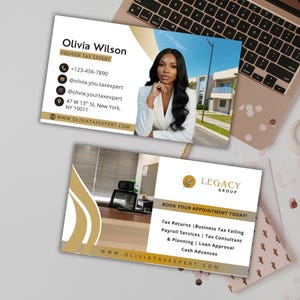 Puede incluir: Dos tarjetas de visita. La tarjeta superior muestra "Olivia Wilson, Experta Fiscal Principal" con información de contacto. La tarjeta inferior dice "Legacy Group" y enumera servicios fiscales. La dirección del sitio web es visible.