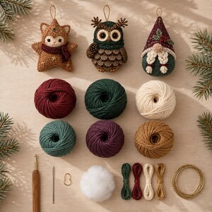 May include: A crochet kit featuring three ornaments: a star-shaped fox, an owl, and a gnome. Includes six yarn balls in burgundy, dark green, cream, teal, purple, and gold, plus a wooden crochet hook, needle, stitch marker, stuffing, and gold cord.