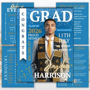 May include: A graduation announcement featuring a young man in a gray suit, gold tie, and a black and gold graduation stole. The announcement includes the name "Jayden Harrison", the year "2026", and the phrase "The Effort Was Worth It".