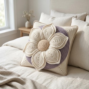 May include: A square crochet throw pillow featuring a large, three-dimensional cream-colored flower with a tan center. The flower is centered on a circular purple crochet background, which is set against a cream-colored square crochet pillow base.