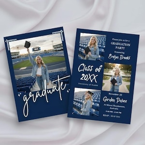 May include: Navy blue graduation party invitation with a photo of a graduate. The invitation includes the text "graduate", "Class of 20XX", and event details. The design features a white border and is set against a white satin background.