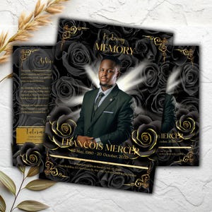 May include: A memorial card design featuring a portrait of a man in a black suit, set against a backdrop of black roses with gold accents. The card includes the text "In Loving Memory" and the name "Francois Mercer".