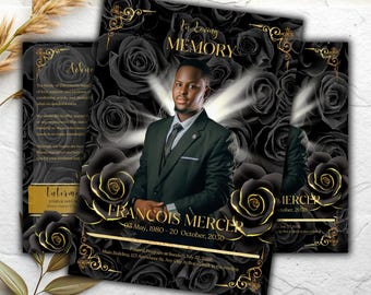 Elegant Black & Gold Funeral Program Template, 8-Page Bi-Fold (Canva Download)