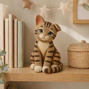 Op de afbeelding: Een gehaakt cyperse katfiguur met bruin en beige gestreepte vacht, een crèmekleurige borst en grote groenblauwe ogen. De kat heeft puntige oren met roze details aan de binnenkant, lange witte snorharen en een gekrulde staart in zittende houding.