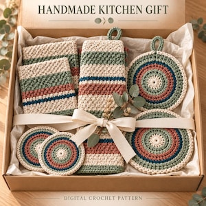 May include: A gift box containing handmade crochet kitchen items including rectangular cloths, a long towel with a hanging loop, and circular coasters. The items feature striped patterns in cream, sage green, terracotta, and dark blue. Text reads HANDMADE KITCHEN GIFT and DIGITAL CROCHET PATTERN.