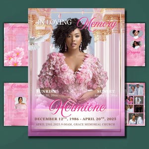 Könnte beinhalten: Ein rosa Gedenkprogramm mit einem zentralen Porträt einer Frau in einem floralen Kleid. Das Design enthält den Text "In Loving Memory" und den Namen "Hermione". Zusätzliche Seiten mit Fotos und Text sind ebenfalls sichtbar.