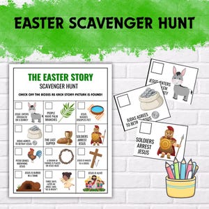以下が含まれることがあります： イースターをテーマにした宝探しゲームで、聖書のシーンのイラストが描かれています。ゲームには、イエスがエルサレムに入場する様子、ユダがイエスを裏切る様子、十字架刑のイメージが描かれたチェックリストが含まれています。色鉛筆が入ったペン立ても見えます。
