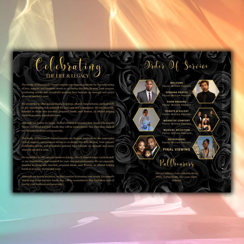 Elegant Black & Gold Funeral Program Template, 8-page Bi-fold (canva ...