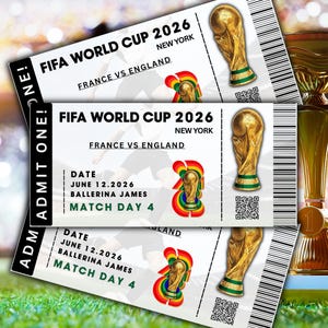 May include: Two tickets for the FIFA World Cup 2026 in New York, featuring the match between France and England. Each ticket displays the date June 12, 2026, and includes a QR code and a golden trophy illustration.
