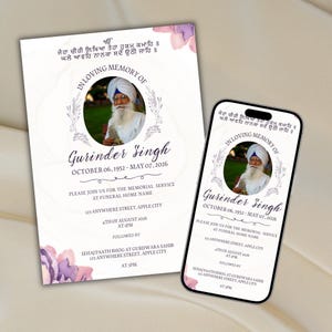 May include: A memorial service invitation and a smartphone displaying the same design. The design features a portrait of a man in a turban, surrounded by a floral wreath, with text in English and another language.