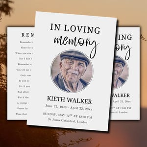 May include: Three memorial cards with the text "IN LOVING MEMORY" and a photo of a man in a cap. The cards include the name "KIETH WALKER" and dates. The cards are on a white background.