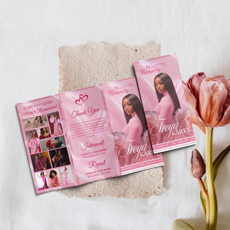 May include: Pink memorial tri-fold brochure with the text "In Loving Memory" and "Freya Karen". The brochure includes photos and the text "A Life Well Lived, A Legacy Remembered" and "Thank You".