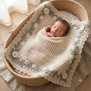 May include: A cream-colored crocheted baby blanket featuring a waffle stitch center, a cable knit border, and an intricate floral edge with white daisies, green leaves, and small blue and pink flowers, resting inside a woven wicker bassinet.