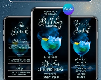 Animated Birthday Dinner Evite, Blue Video Template, Canva Editable (Digital Download)