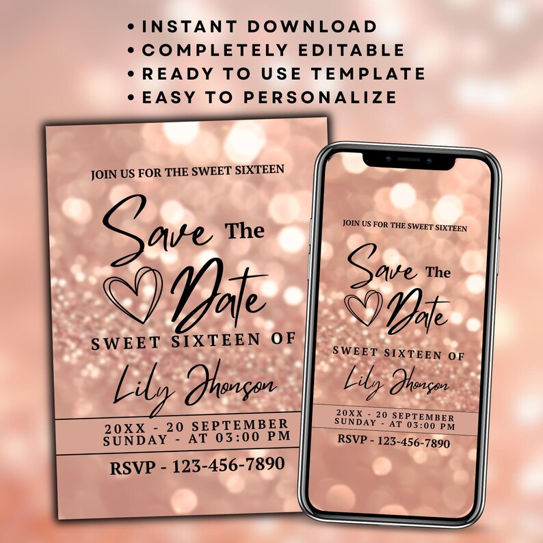 Sweet Sixteen invitation Canva template with elegant rose gold bokeh design, printable birthday save the date card for girls, instant download.