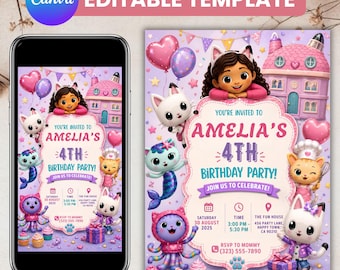 Puede incluir: Una plantilla de invitación de cumpleaños digital con una niña de dibujos animados, una casa de juegos rosa y varios personajes de gatos. El texto dice: You're invited to Amelia's 4th birthday party, Saturday 30 August 2025, 3:00 PM-5:30 PM, The Fun House.