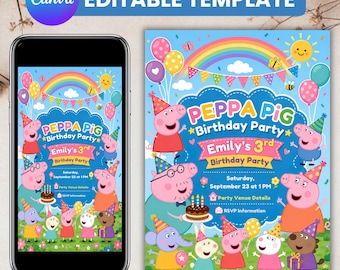 Edytowalny szablon zaproszenia urodzinowego Peppy Pig (do pobrania cyfrowego)