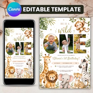 May include: An editable digital invitation template for a first birthday party featuring the text HE IS A WILD ONE and Oliver's 1st Birthday. The design includes watercolour illustrations of a giraffe, lion, elephant, leopard, and zebra.