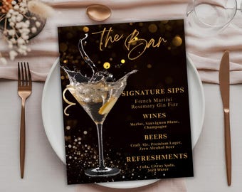 Black and Gold Bar Menu Sign, Bar Menu Printable, Elegant Cocktail Sign, Wedding & Party Decor, Editable Canva Template