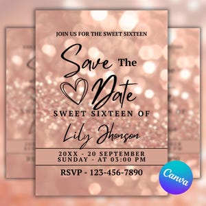 Sweet Sixteen invitation Canva template with elegant rose gold bokeh design, printable birthday save the date card for girls, instant download.