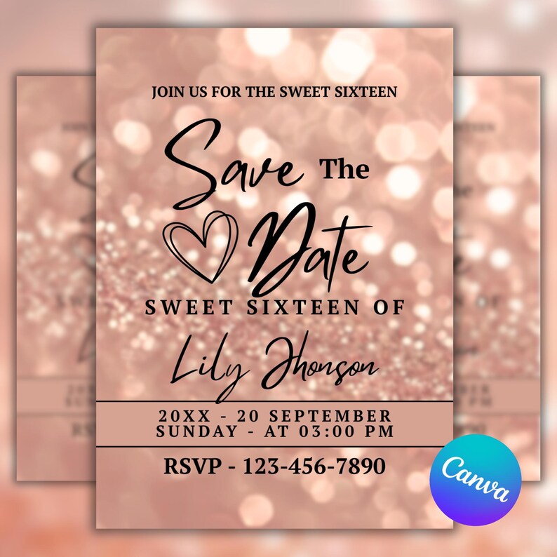 Sweet Sixteen invitation Canva template with elegant rose gold bokeh design, printable birthday save the date card for girls, instant download.