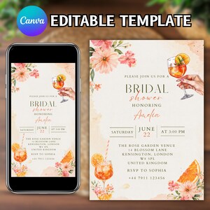 Könnte beinhalten: Digitale Vorlage für eine Brautparty-Einladung mit Aquarelldesign. Die Einladung zeigt florale Elemente, eine Cocktail-Illustration und den Text "Bridal Shower" zu Ehren von Amelia. Das Datum ist der 22. Juni um 15:00 Uhr.
