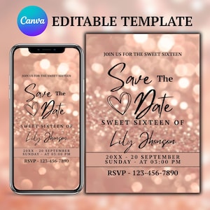 Sweet Sixteen invitation Canva template with elegant rose gold bokeh design, printable birthday save the date card for girls, instant download.