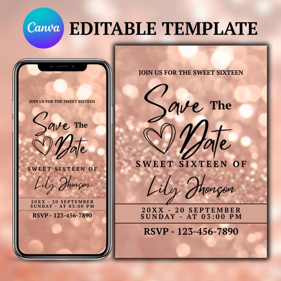 Sweet Sixteen Invitation Canva Template, Save the Date Birthday Invite, Digital Party Card, Editable Event Invitation, Instant Download