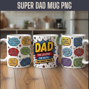 Puede incluir: Tres tazas de cerámica blanca con globos de texto coloridos estilo cómic. La taza central muestra "DAD THE LEGEND. THE MYTH. THE SNACK FINDER." mientras que las tazas laterales contienen varias frases como "DAD FUEL" y "DAD IS MY FAVORITE SUPERHERO."