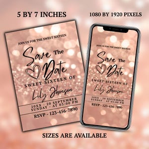 Sweet Sixteen invitation Canva template with elegant rose gold bokeh design, printable birthday save the date card for girls, instant download.