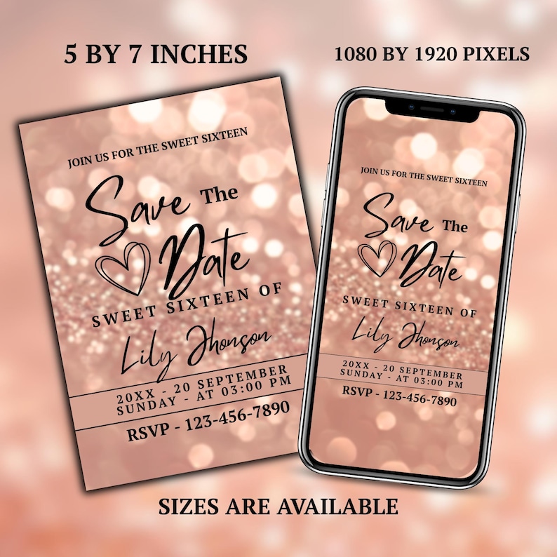 Sweet Sixteen invitation Canva template with elegant rose gold bokeh design, printable birthday save the date card for girls, instant download.
