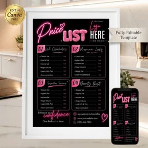 Beauty Price List Template, Salon Service Menu for Lash Nail Hair Stylist, Braiders, Wig, Makeup Printable Pricing Guide Editable Canva