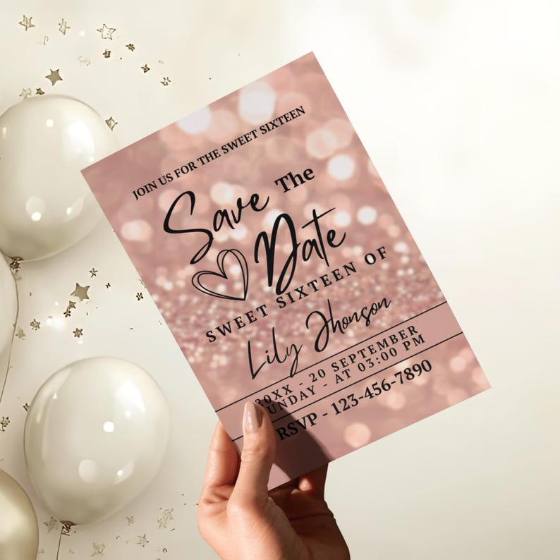 Sweet Sixteen invitation Canva template with elegant rose gold bokeh design, printable birthday save the date card for girls, instant download.