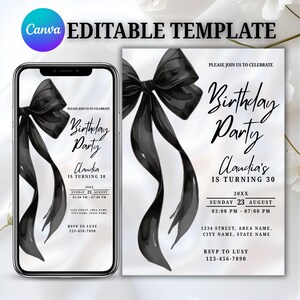 Invito di compleanno con fiocco nero, elegante invito per feste modificabile, download digitale, modificabile su Canva.