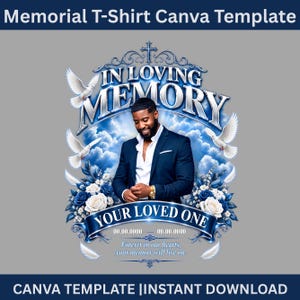 May include: A digital graphic design for a memorial t-shirt featuring a man in a navy suit, white doves, blue roses, and a cross. Text includes "IN LOVING MEMORY," "YOUR LOVED ONE," "00.00.0000 - 00.00.0000," and "Forever in our hearts, your memory will live on."