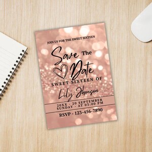 Sweet Sixteen invitation Canva template with elegant rose gold bokeh design, printable birthday save the date card for girls, instant download.