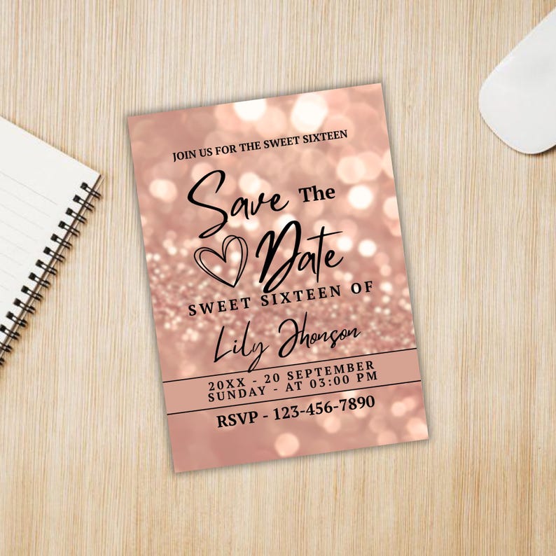 Sweet Sixteen invitation Canva template with elegant rose gold bokeh design, printable birthday save the date card for girls, instant download.