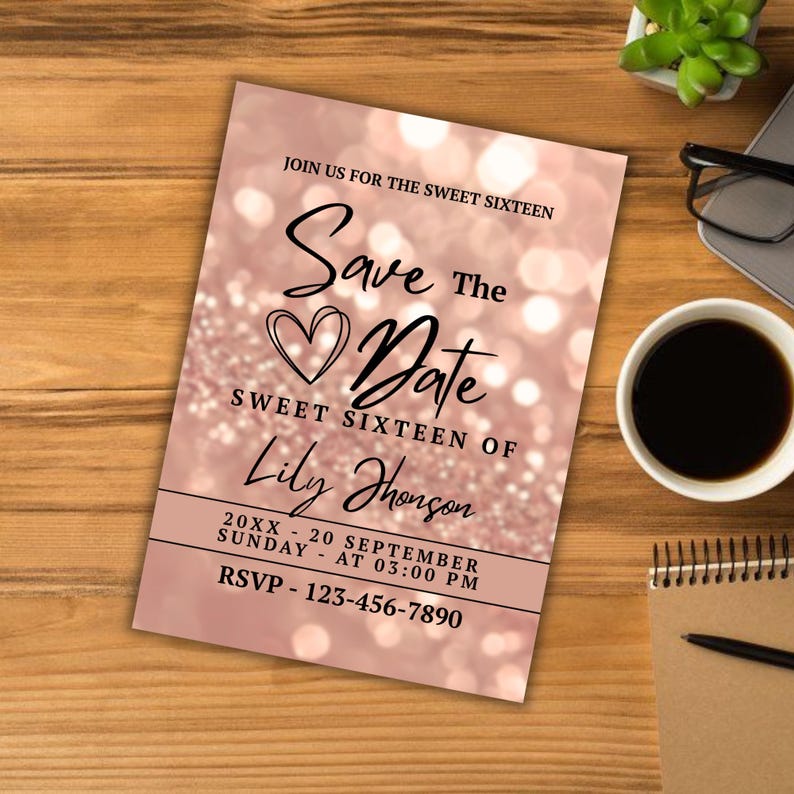 Sweet Sixteen invitation Canva template with elegant rose gold bokeh design, printable birthday save the date card for girls, instant download.