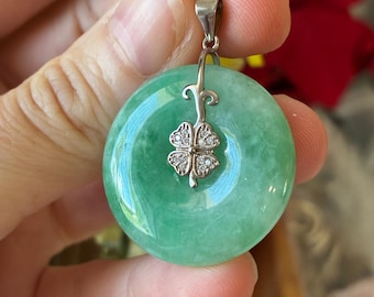 27 mm Type A 100% Natural Icy Vivid Green Hand Carved Donut Pi Ping An Kou Peace Jadeite Fei Cui 翡翠 Sterling Silver Certified Pendant