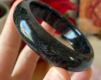 54 mm Naturlig Typ A Svart Jadeit Fei Cui 翡翠 Burma Myanmar Handskuren Armring | Certifierad Jadeit