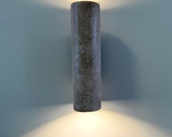 Handcrafted Cylinder Travertine Wall Sconce with Wooden Backplate