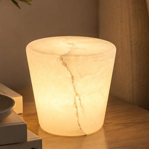 Wide-Top Conical Alabaster Style Table Lamp 3 Colour Modes USB Rechargeable Unique Geometric Decor