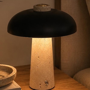Travertine Stone Mushroom Table Lamp | Cordless Rechargeable LED Bedside Lighting
