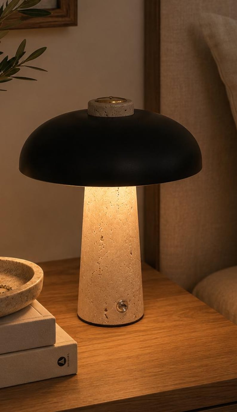 Travertine Stone Mushroom Table Lamp | Cordless Rechargeable LED Bedside Lighting image 1