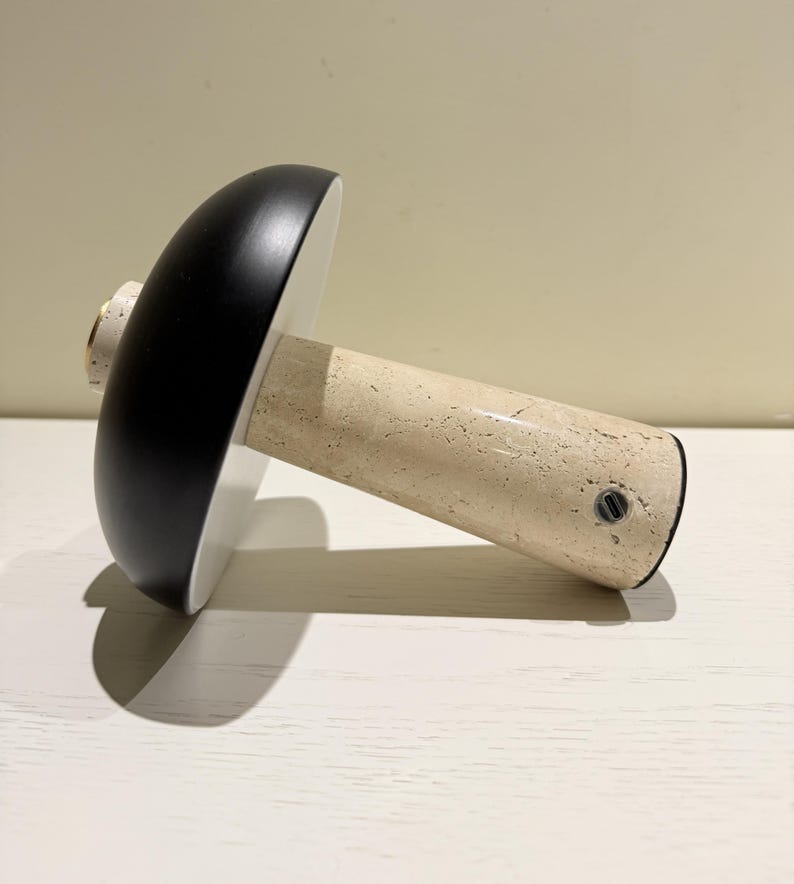 May include: A mushroom-shaped decorative object with a black top, white underside, and a beige, textured stem. The stem has a small, circular metal detail near the base. The object casts a shadow on a white surface.