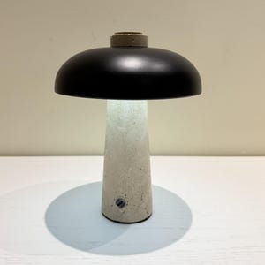 May include: A modern table lamp with a black dome-shaped shade and a concrete base. The lamp has a cylindrical base with a textured surface and a small switch. The lamp's design is minimalist and contemporary.