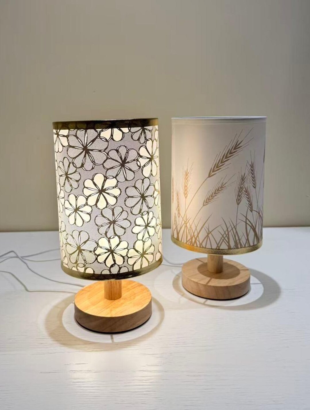 Handmade Wood Base LED Table Lamp Botanical & Rustic Pattern Covers - Etsy