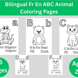 Peut inclure: Un ensemble de pages de coloriage d'animaux ABC en noir et blanc. Chaque page présente une lettre, une illustration d'animal et le nom de l'animal en anglais et en français. L'ensemble comprend 26 pages et est conçu pour les enfants de 2 à 7 ans.