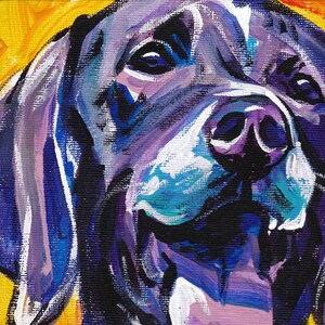 May include: A colorful painting of a dog's face. The dog has black and white fur, a purple tongue, and blue eyes. The background is yellow and orange.